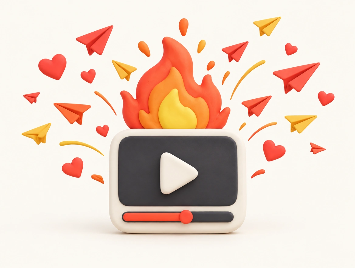 Un lecteur vidéo en flammes d'où s'envolent des cœurs et des partages